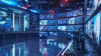TV channel news background with high tech control room with monitors and equipment