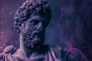 Classical stoic greek, roman statue with a colorful spark background. A classical sculpture with intricate details, focusing on historical art, with the face area blurred for anonymity - obrazy, fototapety, plakaty