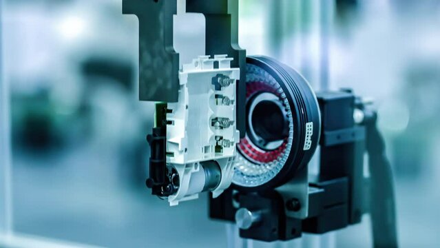 An industrial laser sensors are detecting electronic components.Closeup.