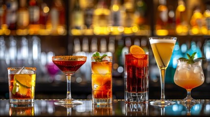 Assortment of alcoholic drinks and cocktails located on a reflective bar counter, with a blurred background of the shelves