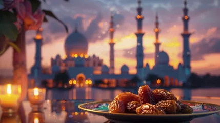 Gordijnen Dates on a plate, set against the backdrop of an evening mosque, captures the essence of Ramadan iftar and the spirit of community © AlfaSmart