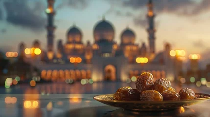 Schilderijen op glas Dates on a plate, set against the backdrop of an evening mosque, captures the essence of Ramadan iftar and the spirit of community © AlfaSmart