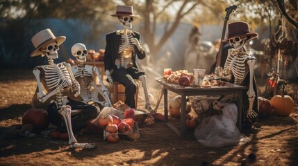 Bony Banquet: Skeleton Family Celebrates Dia De Los Muertos with Picnic