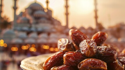 Dates on a plate, set against the backdrop of an evening mosque, captures the essence of Ramadan iftar and the spirit of community - obrazy, fototapety, plakaty