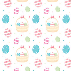 Seamless pattern with easter eggs and basket of eggs. Vector illustration