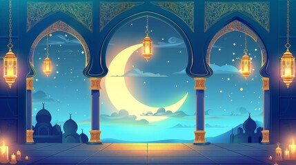 Illustration of Islamic banner with golden gate, crescent and decorative arabic lanterns