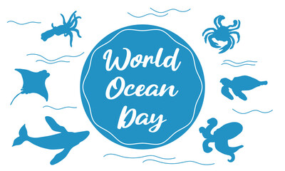 Vector illustration of a silhouette of a whale, turtle, stingray and octopus. World Marine Mammal Day banner.