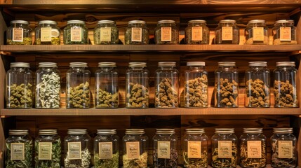 Display cases with glass jars with labels indicating different varieties of cannabis