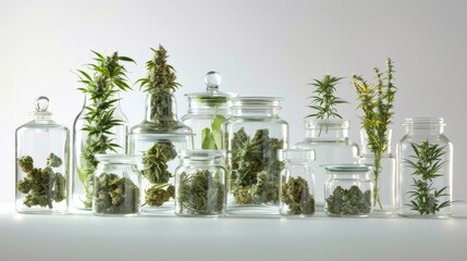 Glass jars with different varieties of marijuana