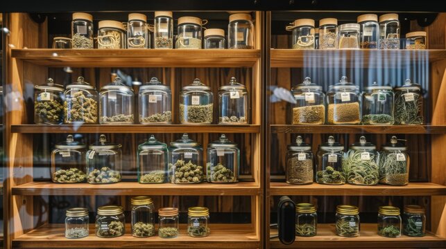 Display cases with glass jars with labels indicating different varieties of cannabis