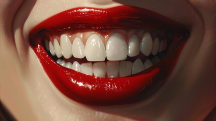 Person's smile showing perfectly straight teeth with red lipstick