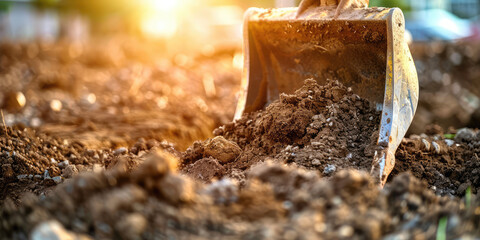 Earthwork in Progress - Backhoe Digging Soil in sunlight. Close-up of a backhoe bucket digging into the earth, dynamic soil movement background.