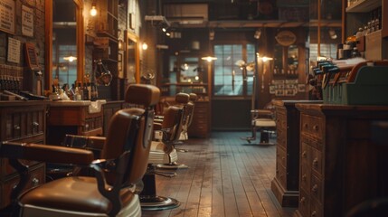 Barber shop with vintage barber chairs, wood accents and soft lighting