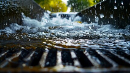 Image of rainwater flowing through a metal grate on a storm drain - obrazy, fototapety, plakaty