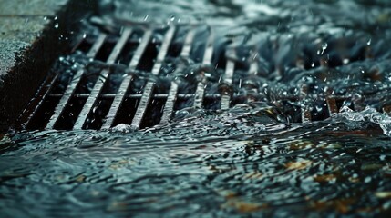 Image of rainwater flowing through a metal grate on a storm drain