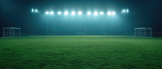 Stadium lights illuminating the green soccer field depicted in documentary - obrazy, fototapety, plakaty