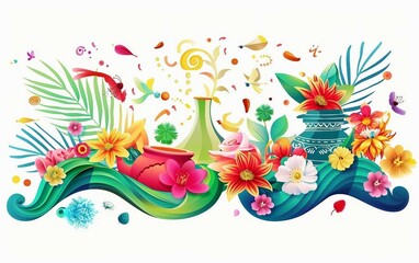 Fototapeta na wymiar Vibrant Nowruz Banner with Happy Elements Isolated on White Background.