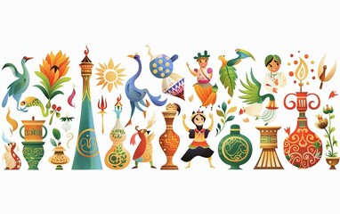 Naklejka premium Diverse Cultural Symbols in Happy Nowruz Banner Isolated on White Background.