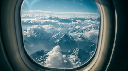 View from an airplane, a picturesque landscape of mountains rising above the clouds opens from the window