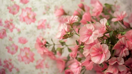 Bouquet of pink flowers against a background of white and pink wallpaper filled with intricate floral patterns