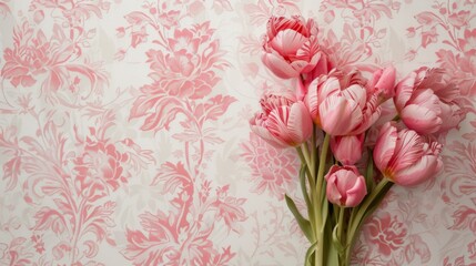 Bouquet of pink flowers against a background of white and pink wallpaper filled with intricate floral patterns