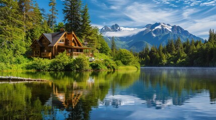 Fototapeta na wymiar Log cabin surrounded by lush greenery near a quiet lake