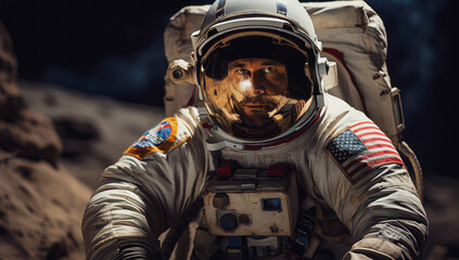 Portrait of an American astronaut in a protective suit on the surface of the Moon against the backdrop of stars and outer space in space