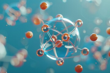 3D render of a stylized molecule with atoms connected by bonds on a blue backdrop.