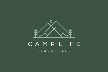 Premium wooden camp and pine forest mountain line art logo design - obrazy, fototapety, plakaty