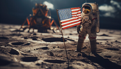 An American astronaut with an American flag on the surface of the moon against a background of stars and outer space