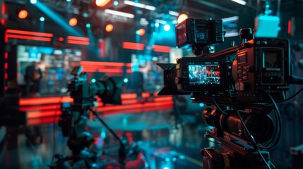 Look from behind the scenes at a television news studio
