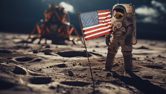An American astronaut with an American flag on the surface of the moon against a background of stars and outer space - Powered by Adobe
