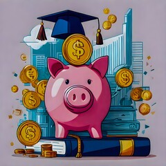  financial success and academic achievement with a piggy bank topped with a graduation cap and cash.