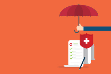 Medical healthcare insurance. Red shield on patient protection policy and pen. Vector illustration	