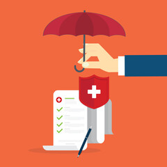 Medical healthcare insurance. Red shield on patient protection policy and pen. Vector illustration 