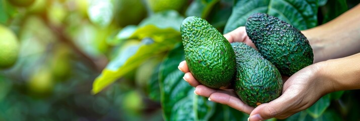 Hand holding creamy avocado with selection on blurred background, copy space available