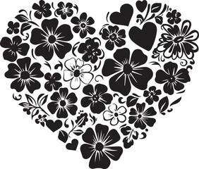 Florals heart silhouette, black flower heart clipart black illustration