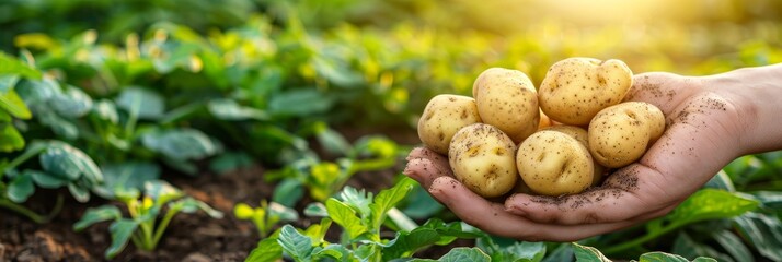 Golden potato held in hand, with selection of potatoes on blurred background for text placement