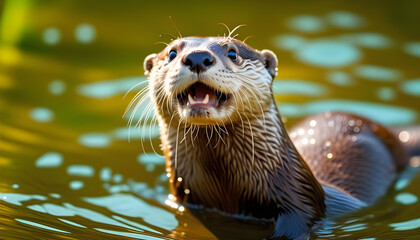 Fototapeta premium A cute otter poking its head out of the water with droplets around it