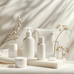 A set of white skincare products with blank lable