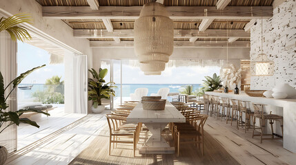 Coastal-inspired dining room with a white-washed dining table, rattan dining chairs, and a rope-wrapped chandelier evoking a beachy vibe