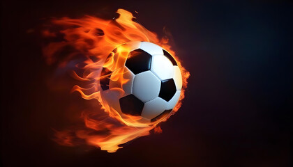 A soccer ball on fire with a dark abstract background