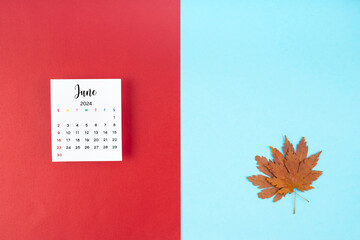 Top view of a June 2024 calendar and autumn foliage on a red and blue background.