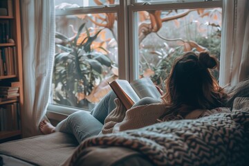 A person enjoys a book in a cozy nook by the window, surrounded by plants and soft light. - obrazy, fototapety, plakaty