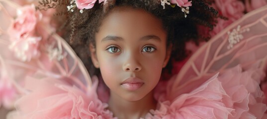 Fototapeta premium Adorable little girl in pink floral dress with fairy wings, standing with flowers in her hair