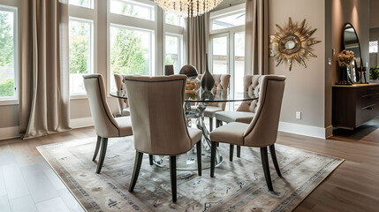 Fototapeta na wymiar Contemporary dining room featuring a round glass-top table with upholstered dining chairs and a statement chandelier overhead