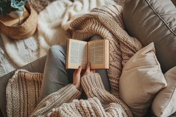Cozy reading spot with a book, surrounded by knit blankets and pillows.