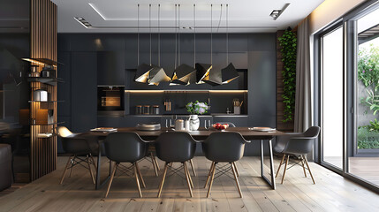 Contemporary dining room with a lacquered dining table, molded plastic dining chairs, and a cluster of geometric pendant lights