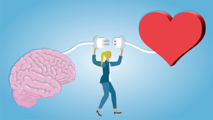 Woman connecting brain and heart. Empathy, locical thinking and social skills. Dimension16:9. Vector illustration.