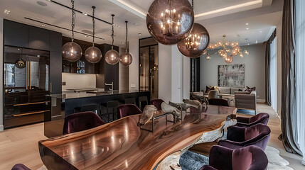Contemporary dining room with a live-edge wooden dining table, velvet dining chairs, and a cluster of globe pendant lights - obrazy, fototapety, plakaty